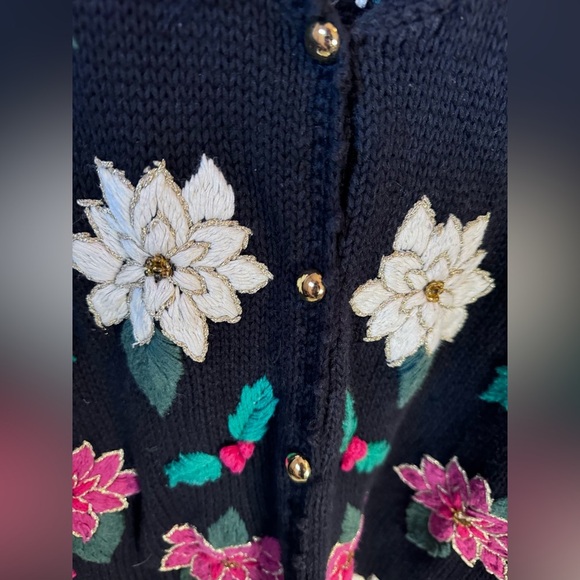 Bechamel Poinsettia & Holly Cardigann Christmas Sweater Size  Large Petite VTG - Picture 6 of 10
